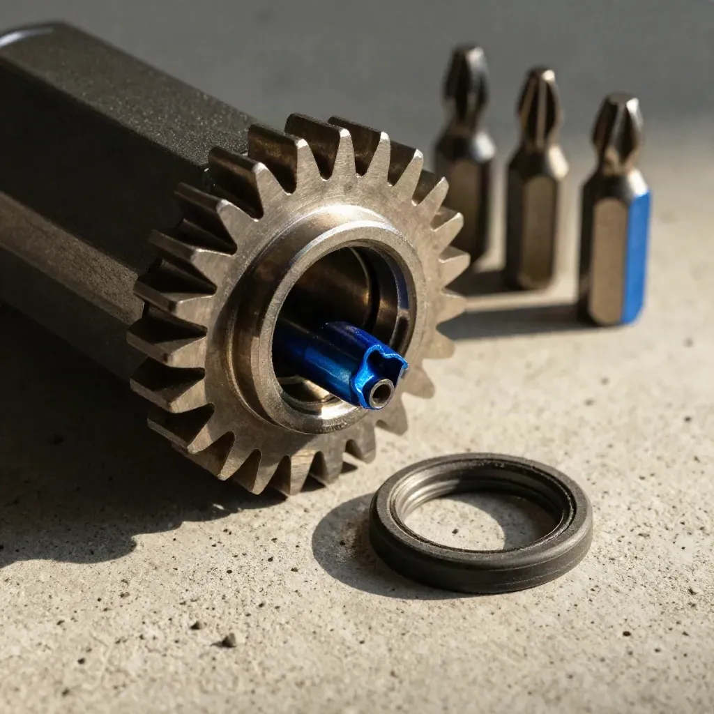 Machined gear housing, hex bits and gasket ring on pale concrete with electric blue accents.