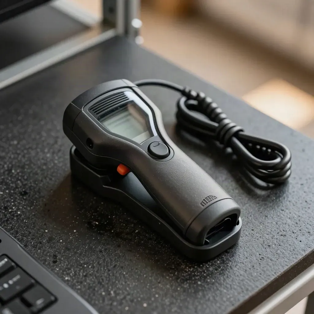 Top-down macro of a rugged inventory scanner docked in a cradle beside a coiled cable on dark basalt.