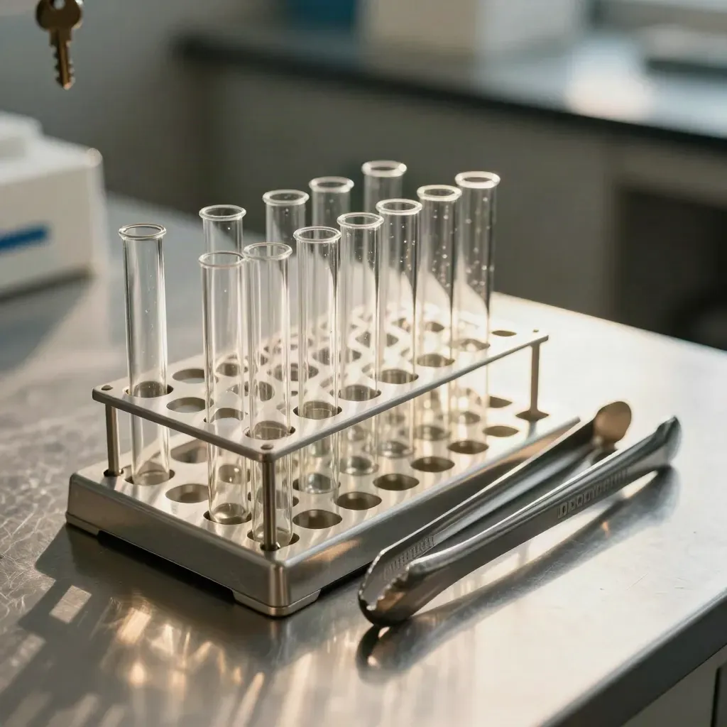 Glass sample vials in an aluminium rack with stainless tongs on brushed metal.