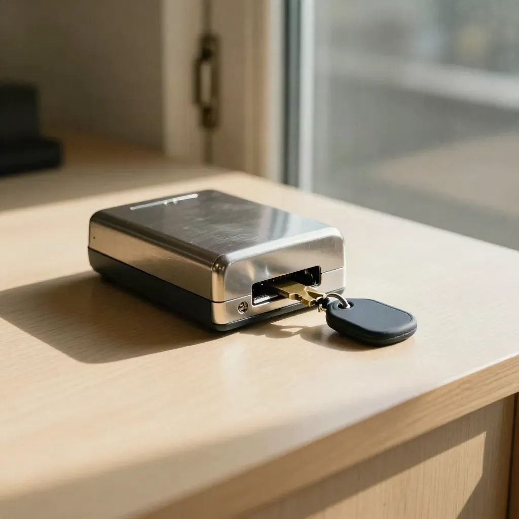 Metal card reader, blank token fob and brass key on pale wood in soft secure-office light.