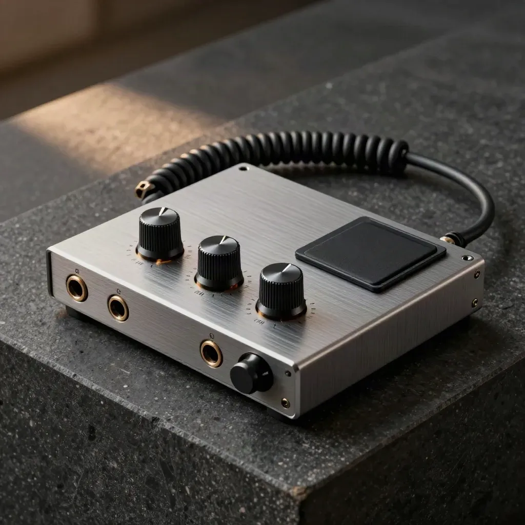 Audio interface, coiled XLR lead and SD card sleeve on charcoal stone, tight macro still life.