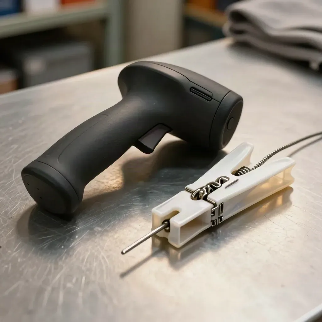 Barcode scanner, retail tag gun and garment clip on brushed metal in a dramatic still life.