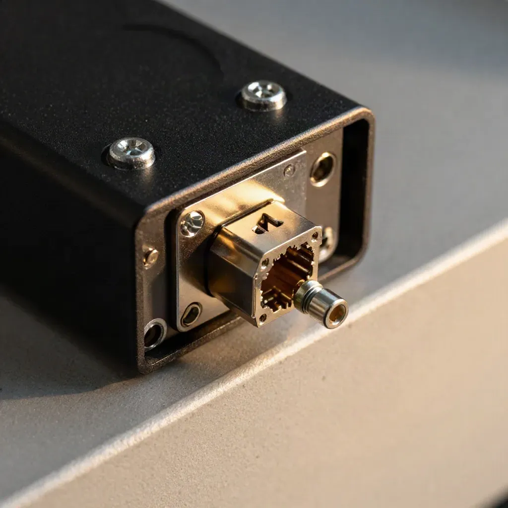 Macro of a server drive caddy beside a fibre connector and screws on graphite metal.