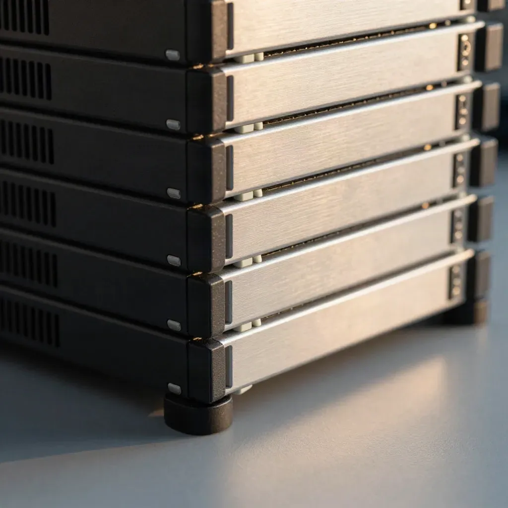 Stacked server blades on brushed aluminium with a cool haze and skimming light