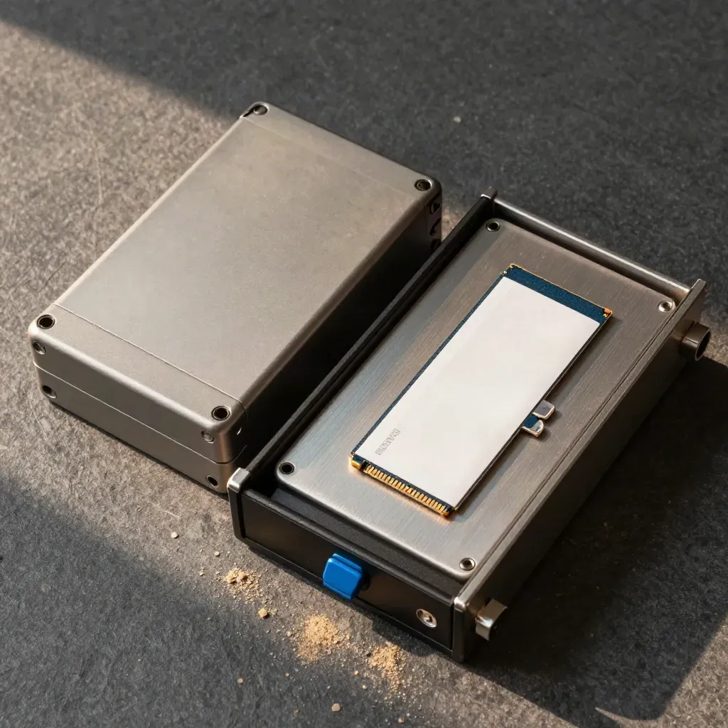 Top-down still life of a backup tape cartridge, SSD and lockable drive tray on graphite stone.