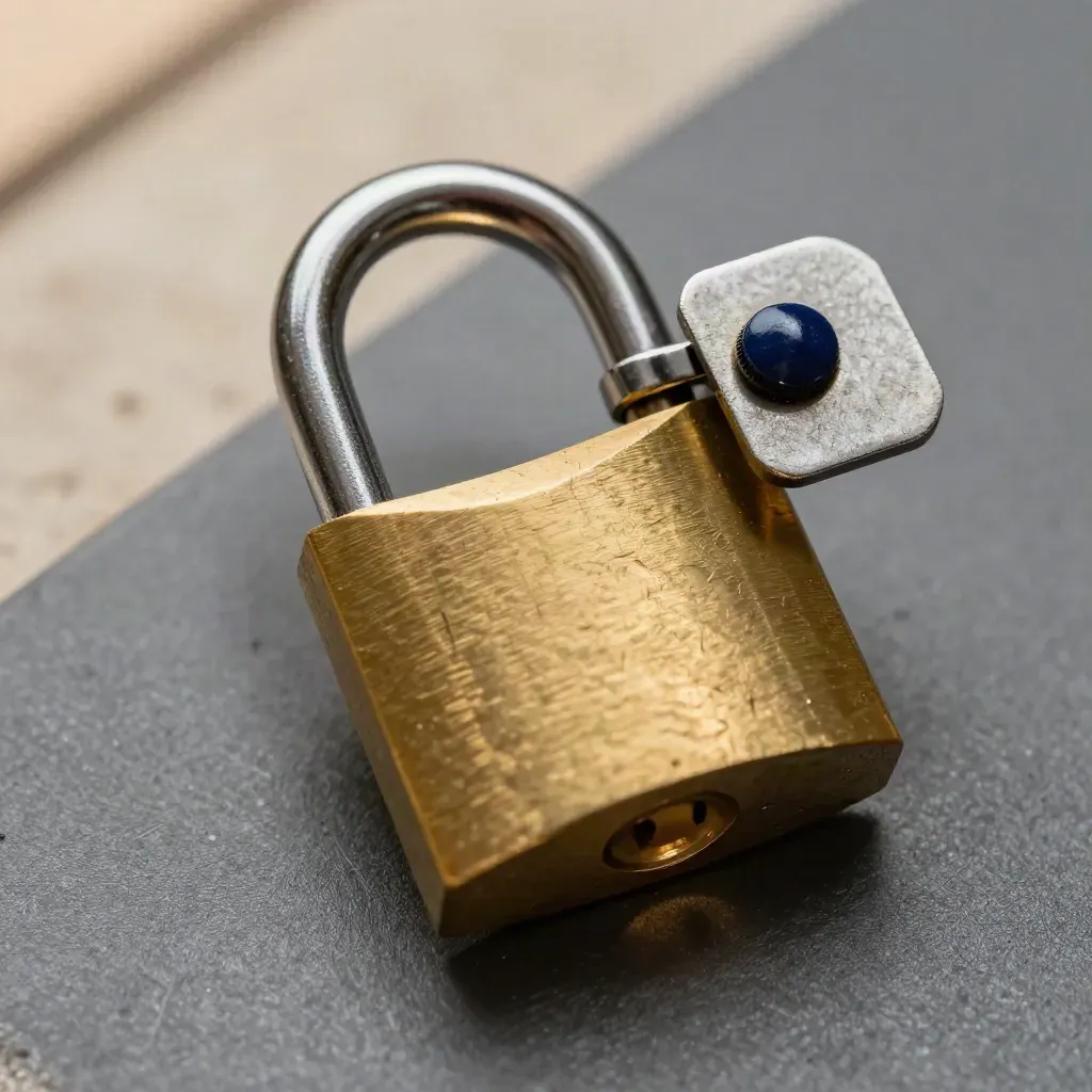 Brass padlock with tamper seal and steel strike plate on graphite surface