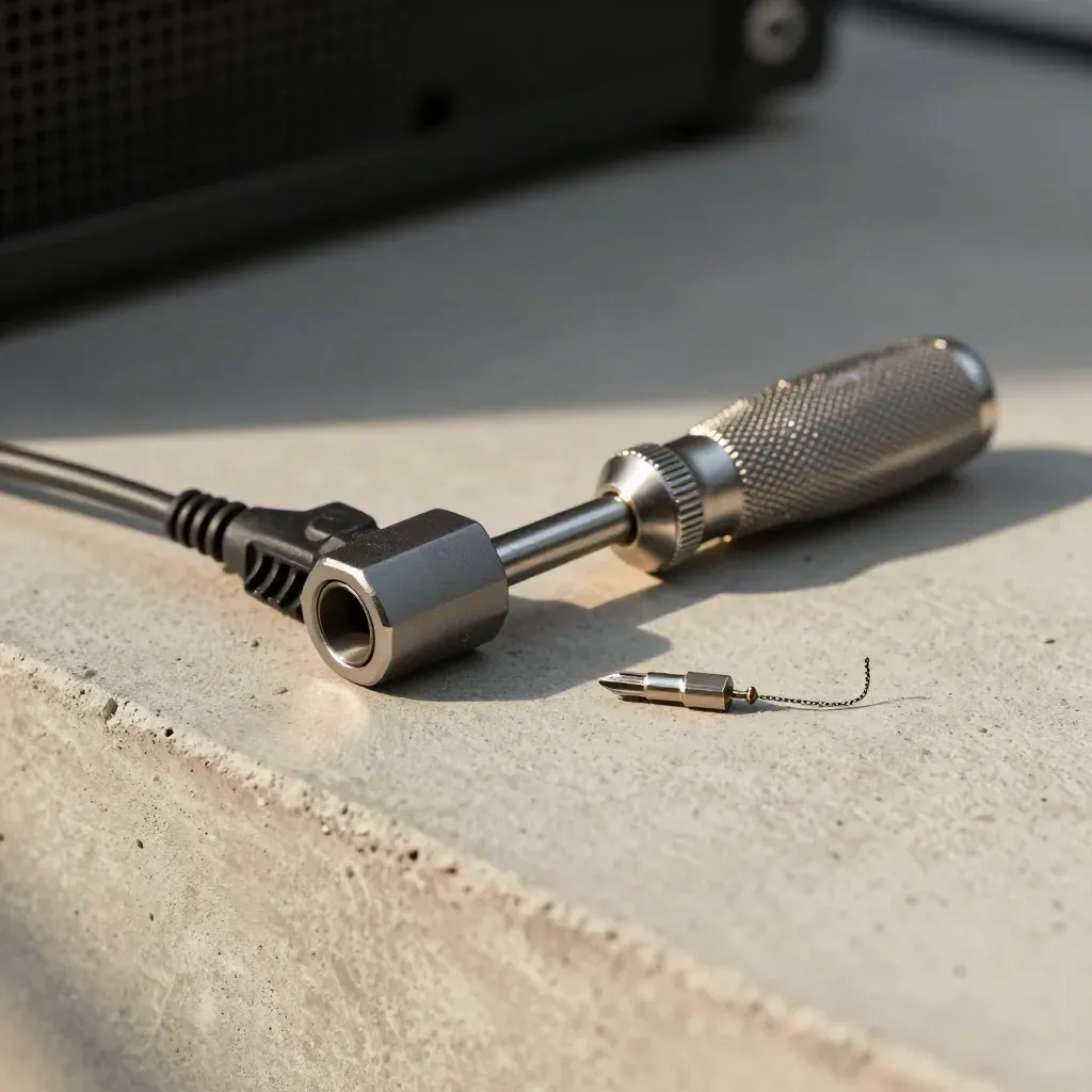 Precision screwdriver, console adapter and cable comb on pale concrete, lit dramatically