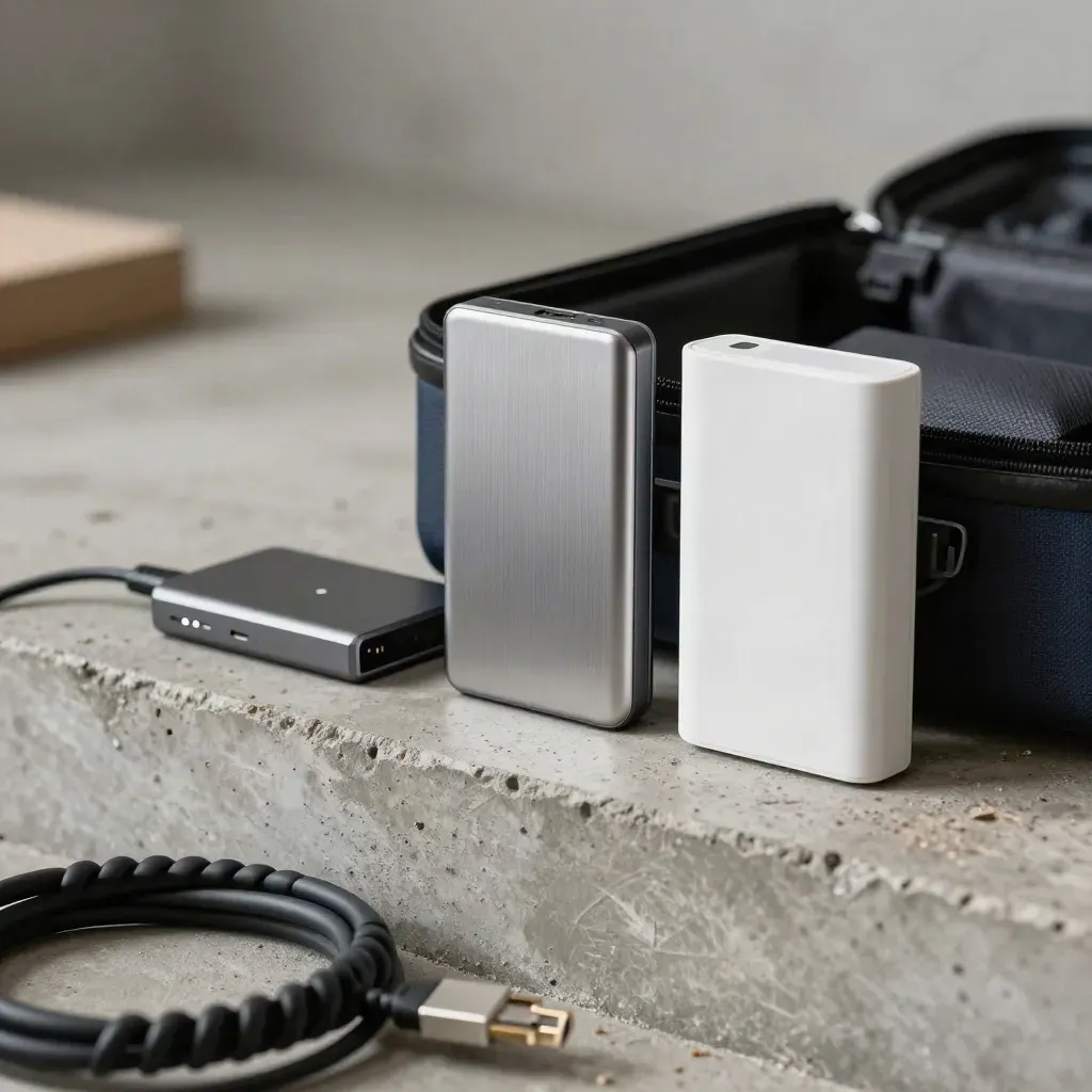 Portable SSDs, hotspot puck and power bank on concrete, seen through blurred ethernet.