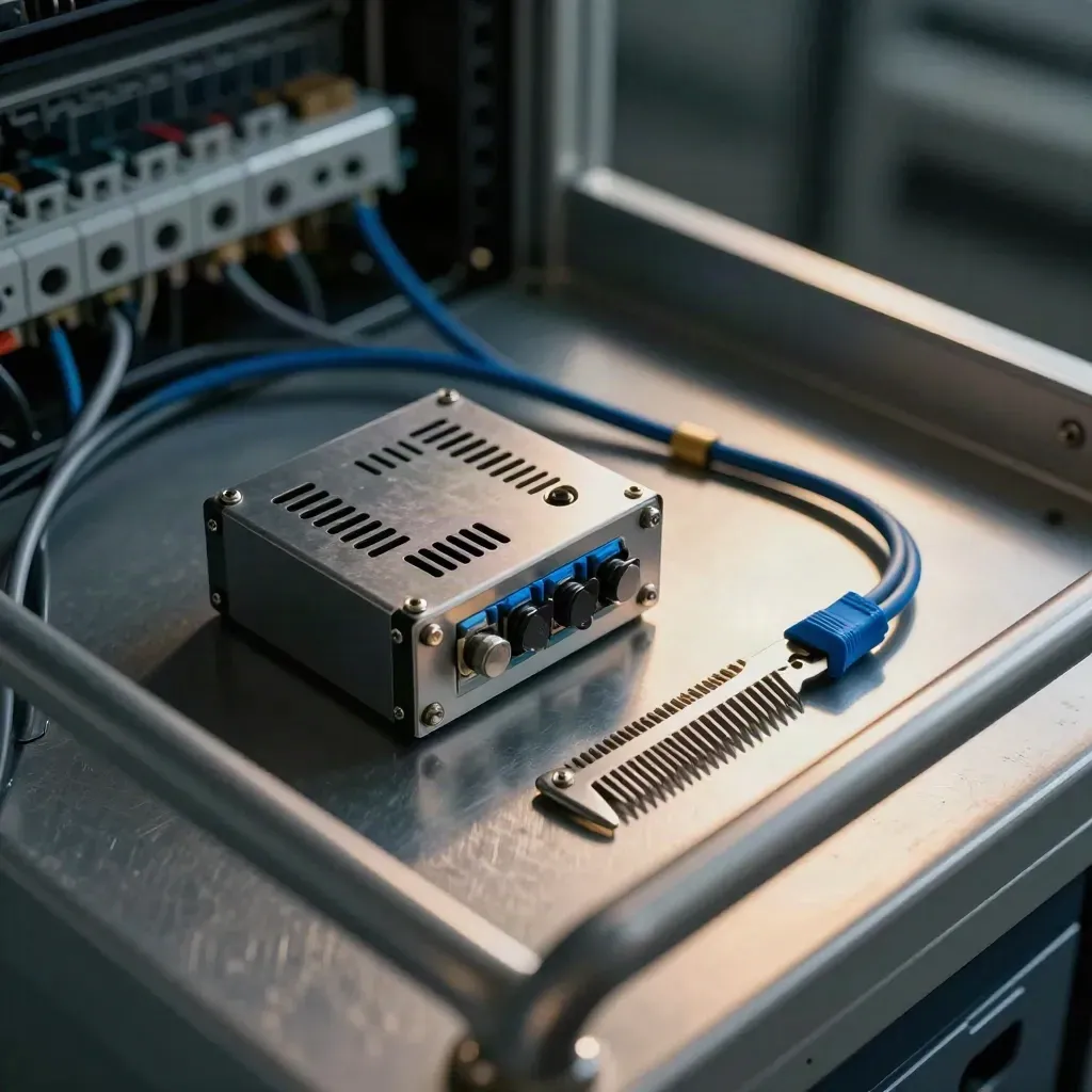 Rack switch module, cable comb and power block on brushed metal, seen through a rack handle.