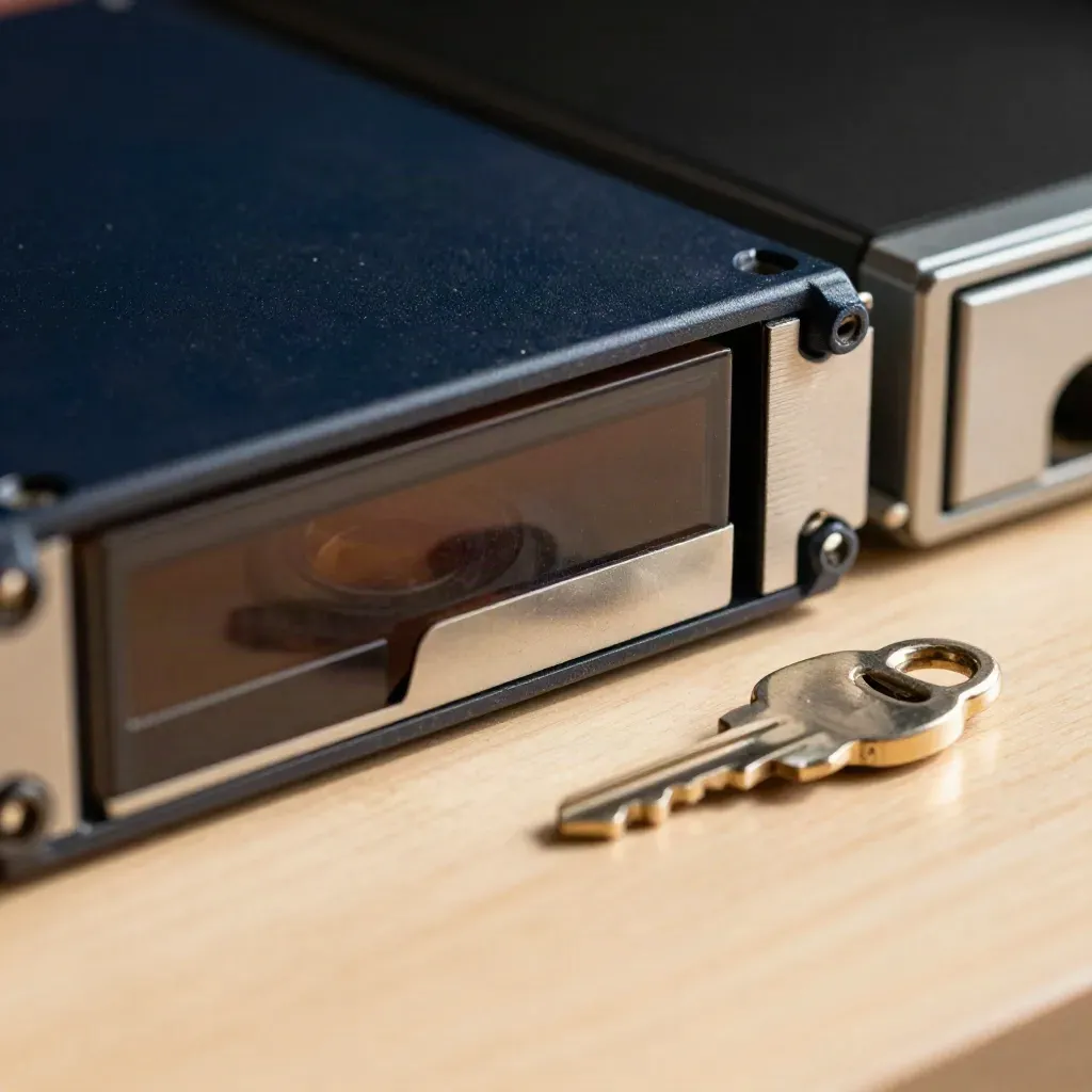 Tape cartridge, server caddy and key on pale wood, seen through a blurred server rail.