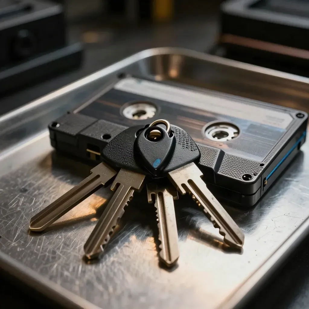 Hardware keys, backup cartridge and encrypted drive case on brushed metal, lit with blue accents.