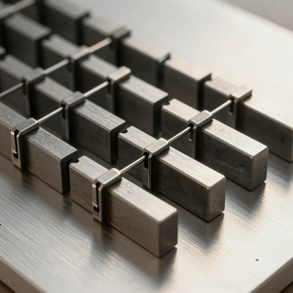 Modular blocks and bridge clips on brushed aluminium, tightly arranged under skimming light.
