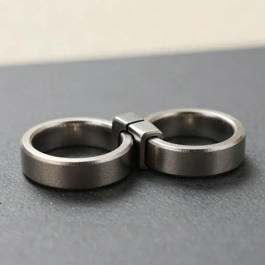 Brushed-metal rings and connector blocks aligned on a graphite surface, shot from above.