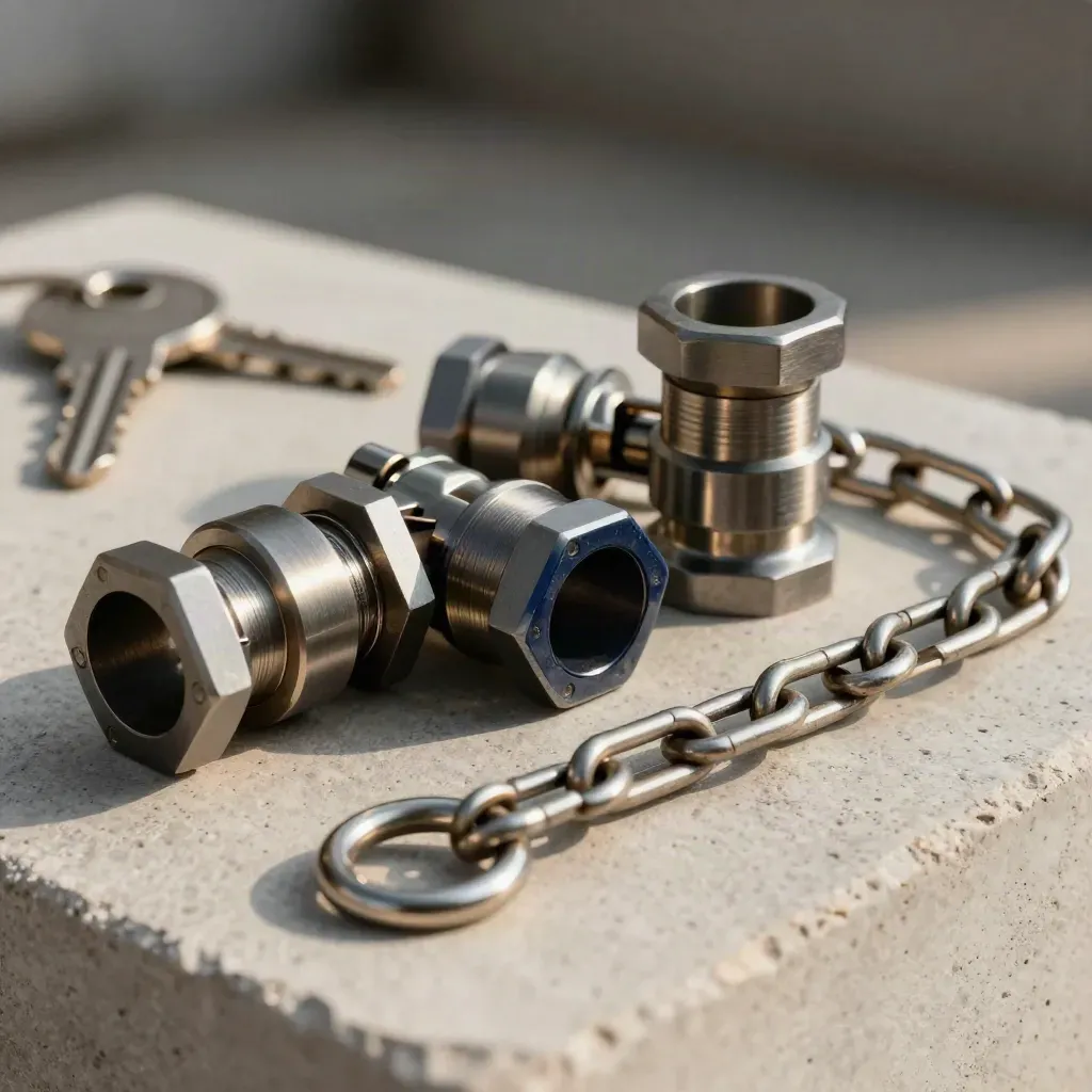 Machined couplers and precision rings on pale concrete with deep navy accent in dramatic studio light.