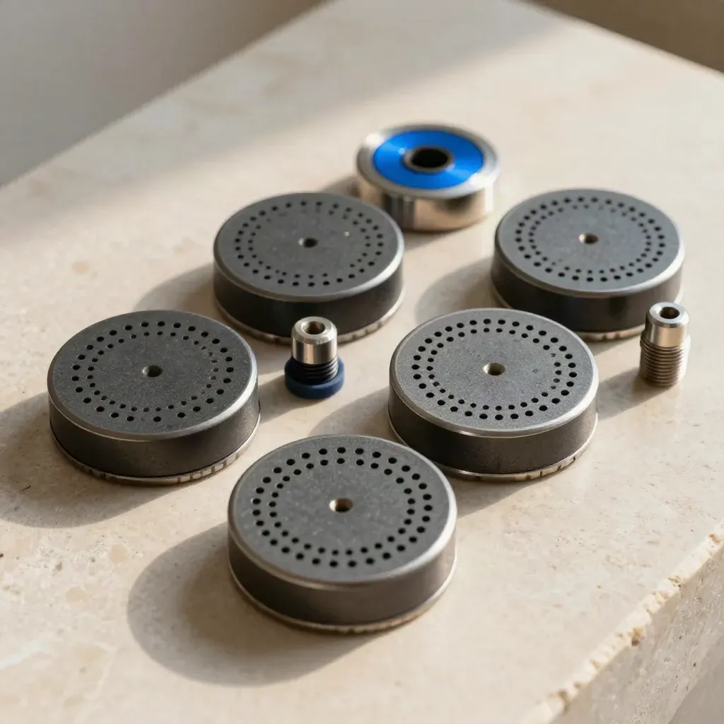 Top-down still life of sensor pucks, vented discs and plugs on pale stone with electric-blue accent