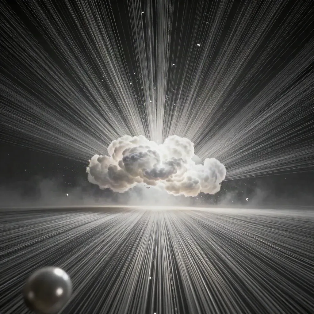 Silver filaments converge into a soft white bloom in deep graphite haze, open copy space below.